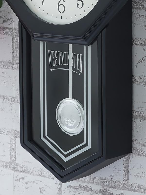 Image of CHRONIKLE Classic Vertical Analog Wooden Musical English Numbers Pendulum Chime Wall Clock for Living Room Home Decor Office Gifts (Size: 31 x 7 x 56.6 CM | Weight: 1825 Gram | Color: Black)