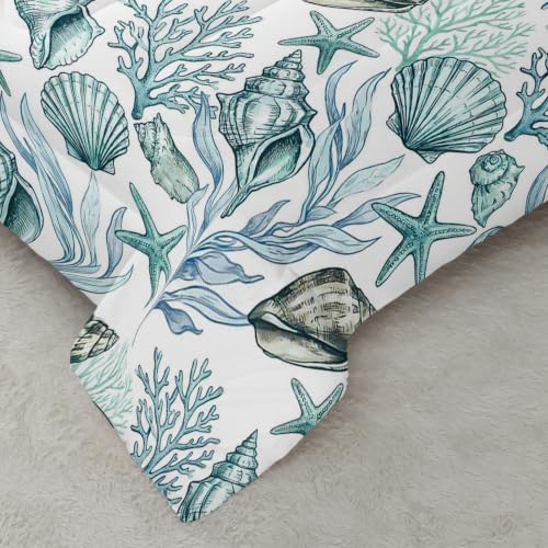 Image of AILONEN Teal Seashell Queen Comforter Set, Coastal Coral Starfish Home Ensemble, 3 Piece Microfiber Down Alternative Fill for Couples Family Guests