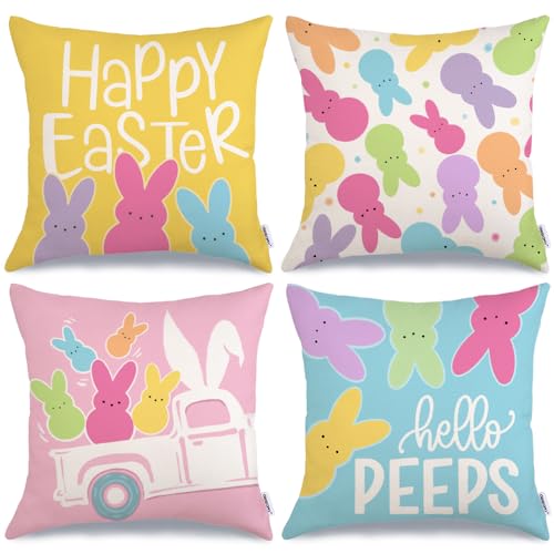 GEEORY Happy Easter Hello Peeps Throw Pillow Covers 18x18 Inch Set of 4, Rabbit Truck Bunny Spring Decorative Farmhouse Holiday Cushion Case for Home Decoration G683-18