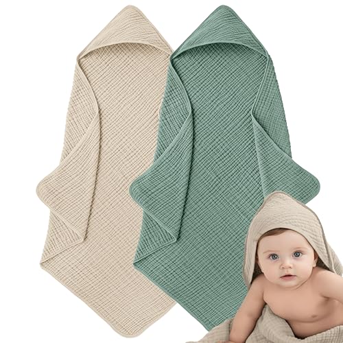 Image of LILY O LAUREL Muslin Hooded Baby Towels for Newborns, 32"x32", 100% Cotton – 6 Layers Super Soft Absorbent Breathable, Baby Bath Towel, Toddler Bath Towel – Pack of 2