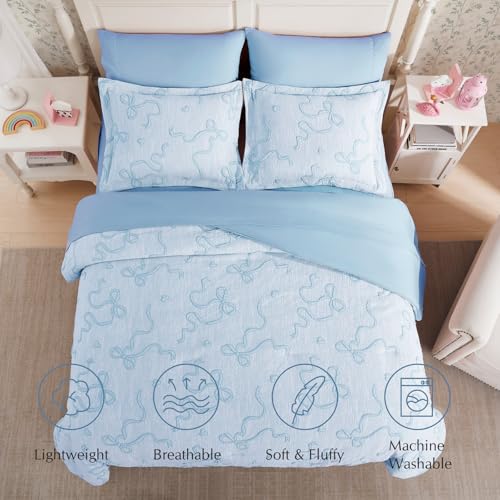 Image of Queen Comforter Set - 7 Pieces Bow Jacquard Bed in a Bag Queen Bedding Set | Cottage Core Queen Bed Set for Girls, All Season Bed in a Bag with Comforter, Sheets, Pillowcases & Shams, Light Blue