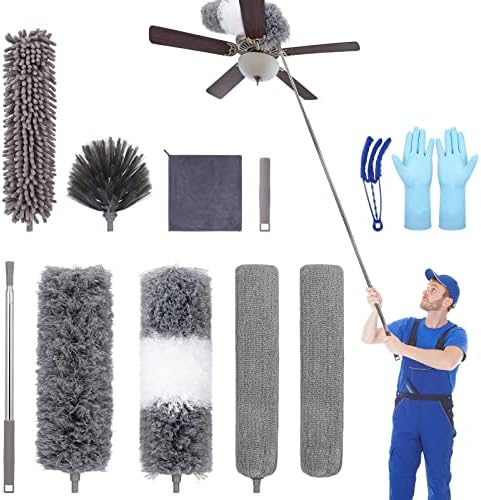 Microfiber Feather Duster (11pcs), Extendable Dusters for Cleaning with 100" Extension Pole, Washable Dusters, Reusable Bendable Dusters for Cleaning Ceiling Fan, High Ceiling, TV, Blinds, Cars
