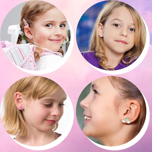 15 Pairs Stud Earrings Set :12 Pairs Unique Cartoon Flat Back Earrings & 3 Pairs Mini Hoops with Stainless Steel Posts and Screwback Earring4