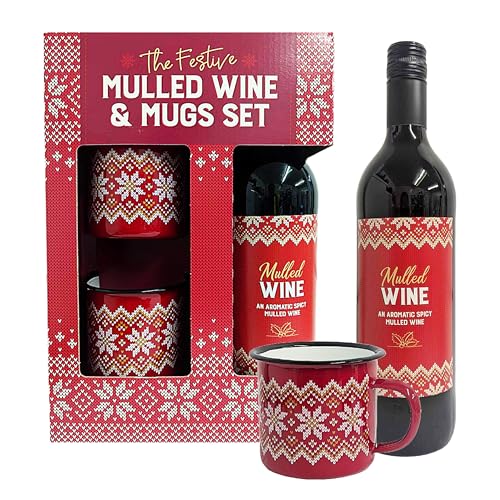Mulled Red Wine Gift Set for Couples Gifts - Aromatic Spicy Mulled Wine Bottle with 2 x Decorated Red Enamel Mug. Wine Gift Set for Secret Santa Gifts Stocking Fillers or Christmas Gifts for Couples