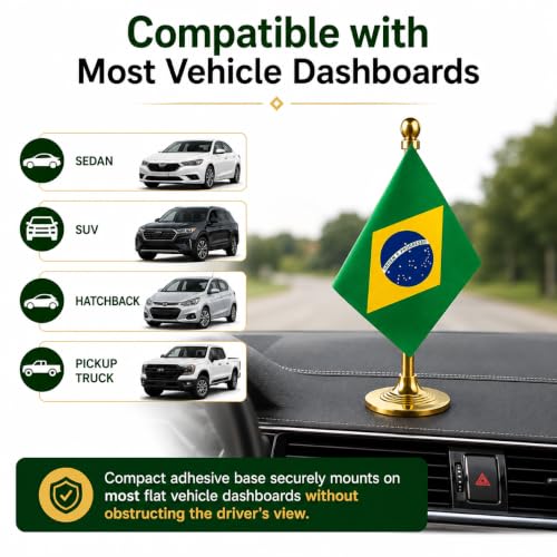 Image of The Flag Company Country flag for car dashboard | 2x3 Inch Flag with Elegant Golden Base & Pole | Car Dashboard Flag (Brazil)