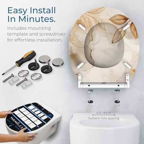 Image of Sanilo Wooden Toilet Seat with Quick Release & Soft Close [ROUND] - Decorative & Slow Close Molded Wood Seat - With One Click for Easy Installation & Cleaning - With Adjustable Fit (Faylora)