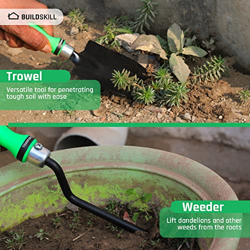 Buildskill GTS010 Gardening/Planting Hand Tool Kit, Rust Free Trowel, Transplanter, Weeder, Hand Rake & Cultivator, Heavy Duty Gardening Tool Kit for Home Gardening (Green) (Pack of 5)