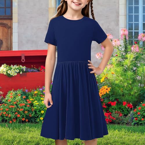 Girls Summer Casual Dresses A Line Swing Flowy Dress Basic Short Sleeve Dress Solid Color Dresses School Uniform2