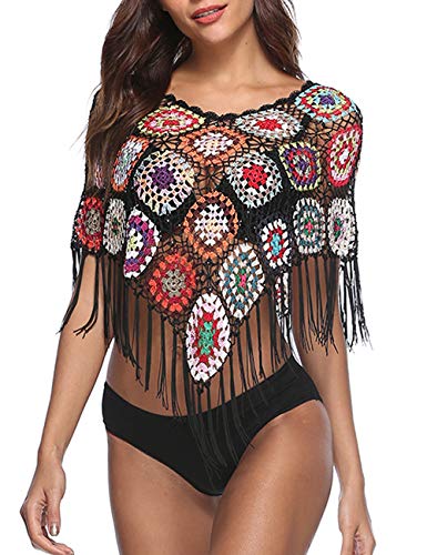xxxiticat Women's Embroidery Print Hollow Out Bikini Blouse Cloak Poncho Cape Fringe Hem Crochet Floral Beach Cover Ups Tops2