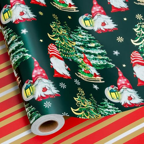 Yarcony Green Christmas Wrapping Paper Roll Gnome Wrapping Paper Cute Woodland Gnome Christmas Tree Snowflake Gift Wrap for Presents Decoration Seasonal Packaging Supplies (17 Inch X 33 Feet)