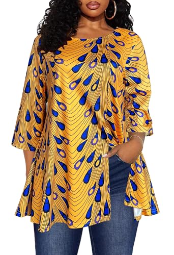 Afibi Womens Print Shirt African Dashiki 3/4 Sleeve Boho Loose Tunic Tops (Medium, Yellow)