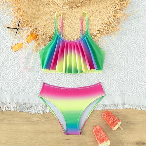 Girls Swimsuit Kids Tie Dye 2 Piece Bathing Suit Adjustable Straps Ruffle Rainbow Bikini Sets Beach Summer Swimwear2