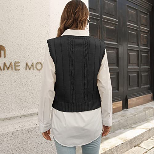 Image of jinghuiyue Women's Stripe Sweater Vest Classic V Neck Cable Knit Vest Sleeveless Pullover Ribbed Tank Tops