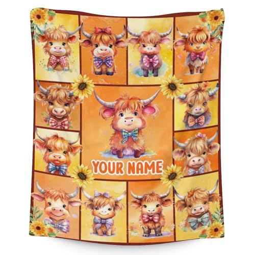 Personalized Highland Cow Blanket Gifts with Name - 40x50 Inches Cute Throw Blanket for Girls & Boys - Yellow Soft Fuzzy Blankets for Bed, Couch & Living Room