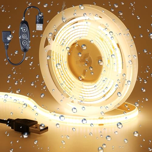 Image of DC 5V USB COB LED Strip Light Warm White 3000K Dimmable IP65 Waterproof CRI 93+ USB Powered 6.6ft /2M 640LEDs High Brightness Flexible LED Tape Lights
