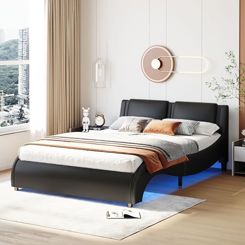 Moimhear Polsterbett 140 * 200cm Kunstlederbett mit Ambient Light Bettgestell mit Lattenrost
