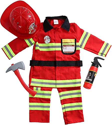 DRESS 2 PLAY Firefighter Costume for Kids - Fireman Toddler Dress Up Set for Pretend Play, Halloween or Birthday Party - Red Fire Fighter Uniform with Accessories for Boys and Girls - For 3-7 Years Old
