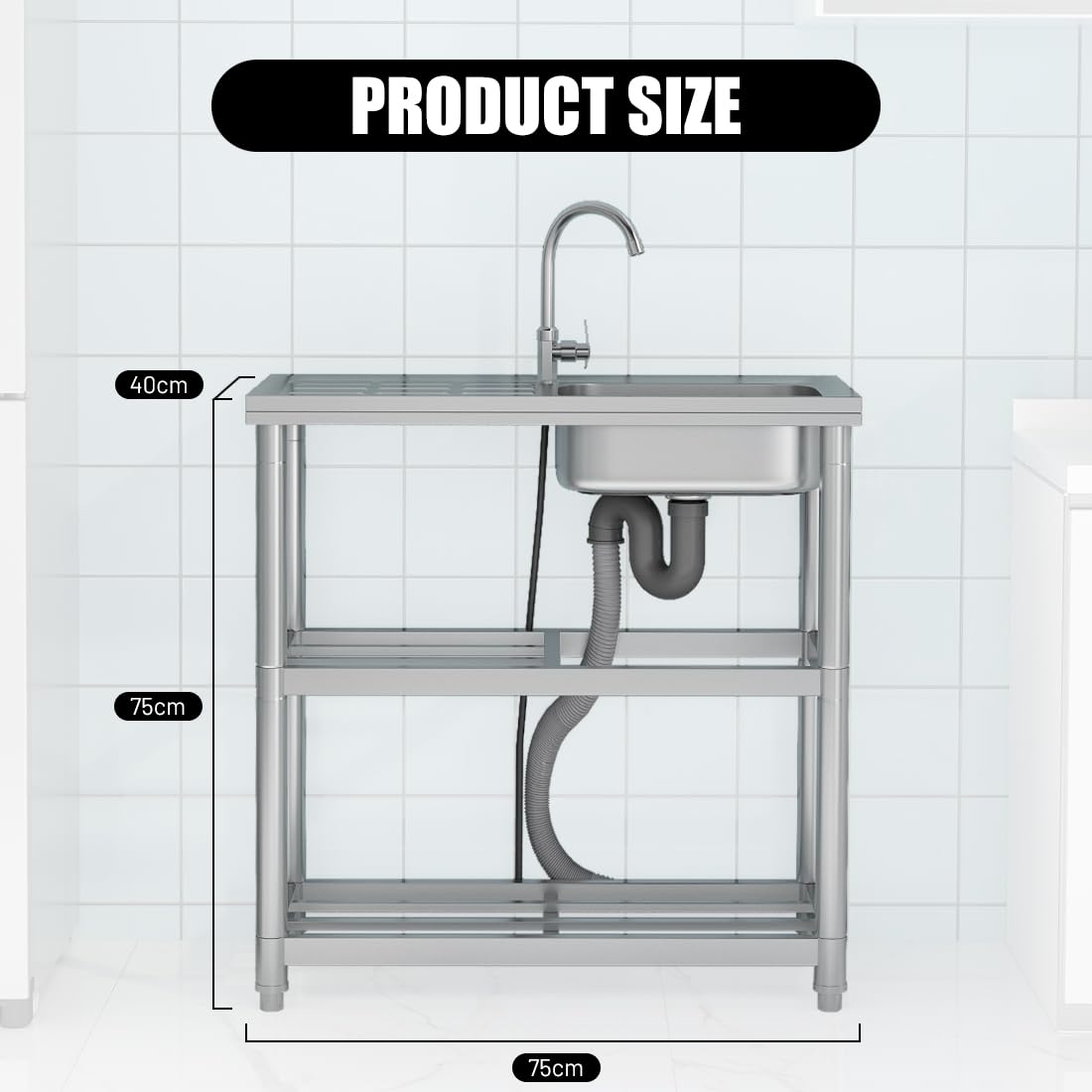 Lavabo independiente de acero inoxidable, lavabo libre con grifo, fregadero de cocina con superficies de apoyo, lavabo multifuncional con tubería de agua, lavabo de uso para lavadero, jardín