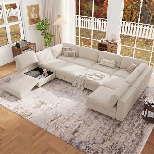 Image of 157 inch Modular Sectional Sleeper Sofa, 10 Seaters Chenille Modular Sectional Sofas, Sleeper Sofa Bed with Storage & Ottoman, Sleeper Couch with Removable Covers, Beige Sectional Couches for Living Room