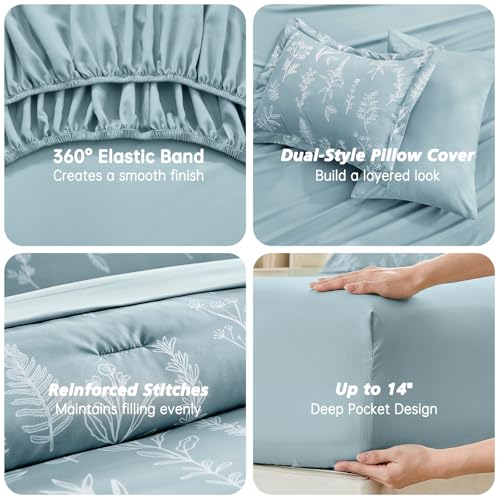 Image of MUXHOMO Oversized King Comforter Set, Mineral Blue Elegant Floral Print Bed in a Bag 7 Pieces, Soft & Breathable Reversible Botanical Pattern Bedding Set with Comforter, Sheets, Pillowcases, and Shams