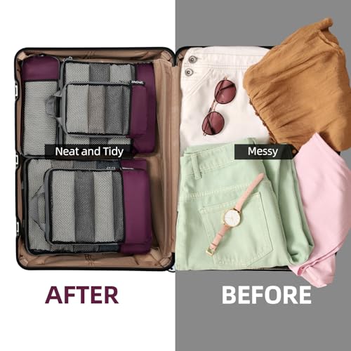 Image of BAGAIL 4 Set /6 Set /8 Set Compression Packing Cubes Travel Accessories Expandable Packing Organizers (Half Mesh, 6-Burgundy)