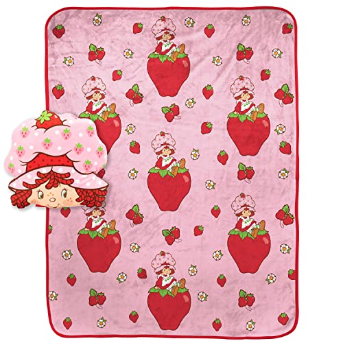 Image of Strawberry Shortcake Pink Strawberries Galore Nogginz Set - 40 x 50 Inch Blanket & Pillow, Kids Super Soft 2 Piece Set