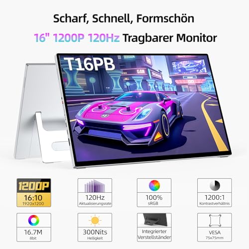 Intehill Tragbarer Monitor 16 Zoll 120Hz Touchscreen Gaming, USB-C FHD 1920x1200 IPS 300 Nits 100% sRGB, Aluminiumgehäuse mit Lautsprecher… – Ansicht 2