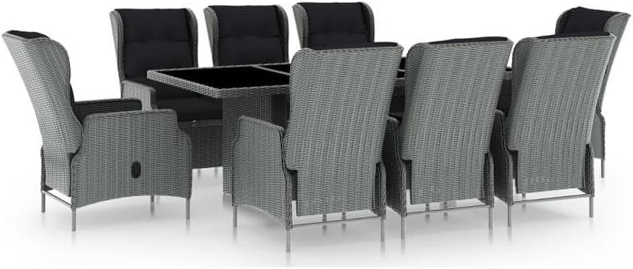 BOWERY HILL Powder-Coated Steel 9-Piece Outdoor Dining Set, Light Gray Poly Rattan Finish, UV-Resistant Cushions, Adjustable Reclining Chairs, Contemporary Patio or Garden Table Seating for 8
