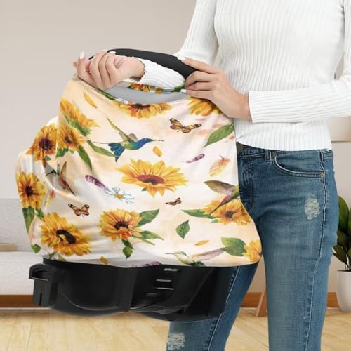 Image of Coldinair Hummingbird Car Seat Cover for Babies Girls Sunflower Nursing Cover,Soft Stretchy Infant Carseat Canopy,Shopping Cart /High Chair /Stroller Covers