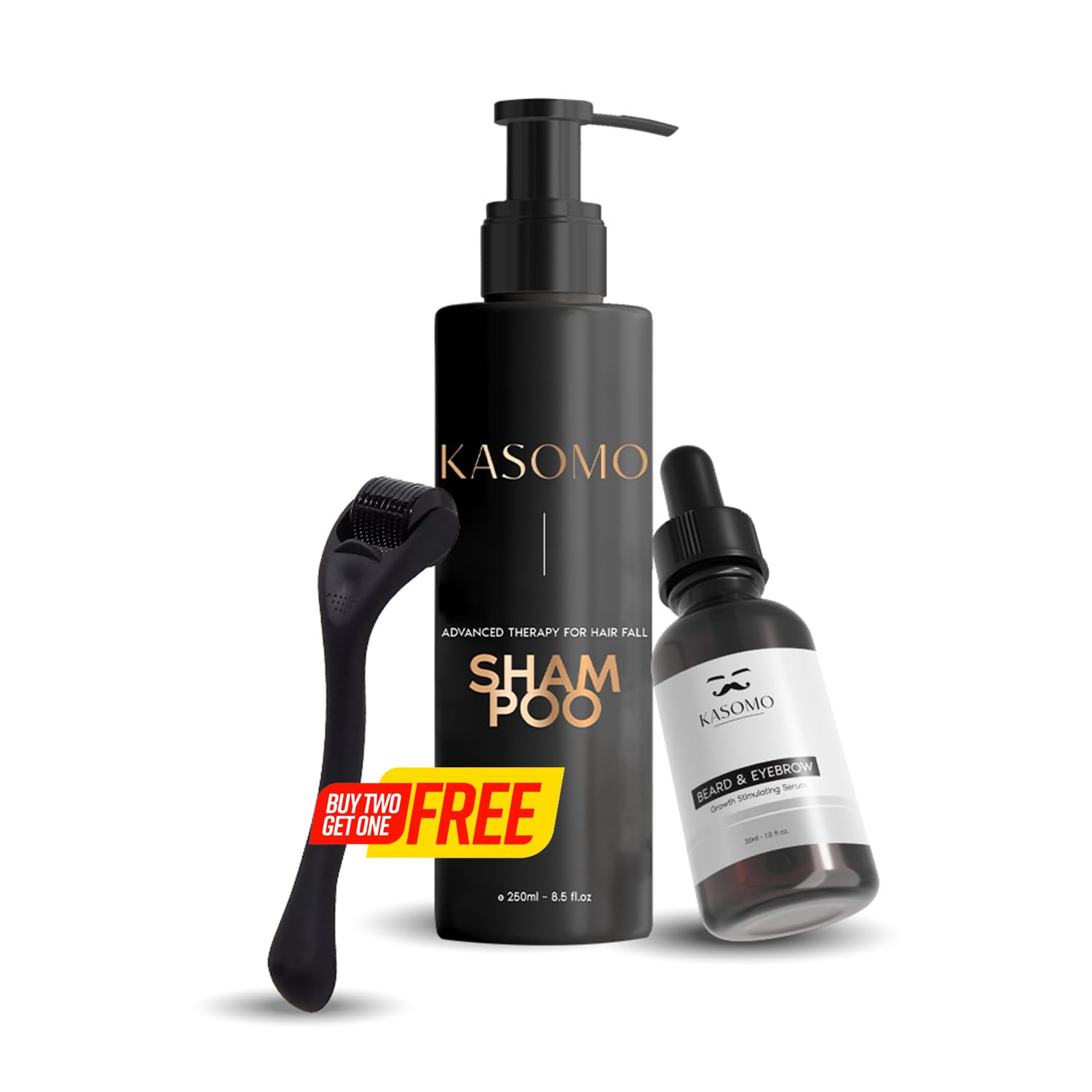 Gift free Derma Roller with KASOMO Anti Loss Shampoo 250ml and Beard & Eyebrows Growth Serum 30ml, Prevent Dandruff and Hair Loss, Grow Facial Hair with Natural Ingredients (Pack of 3)