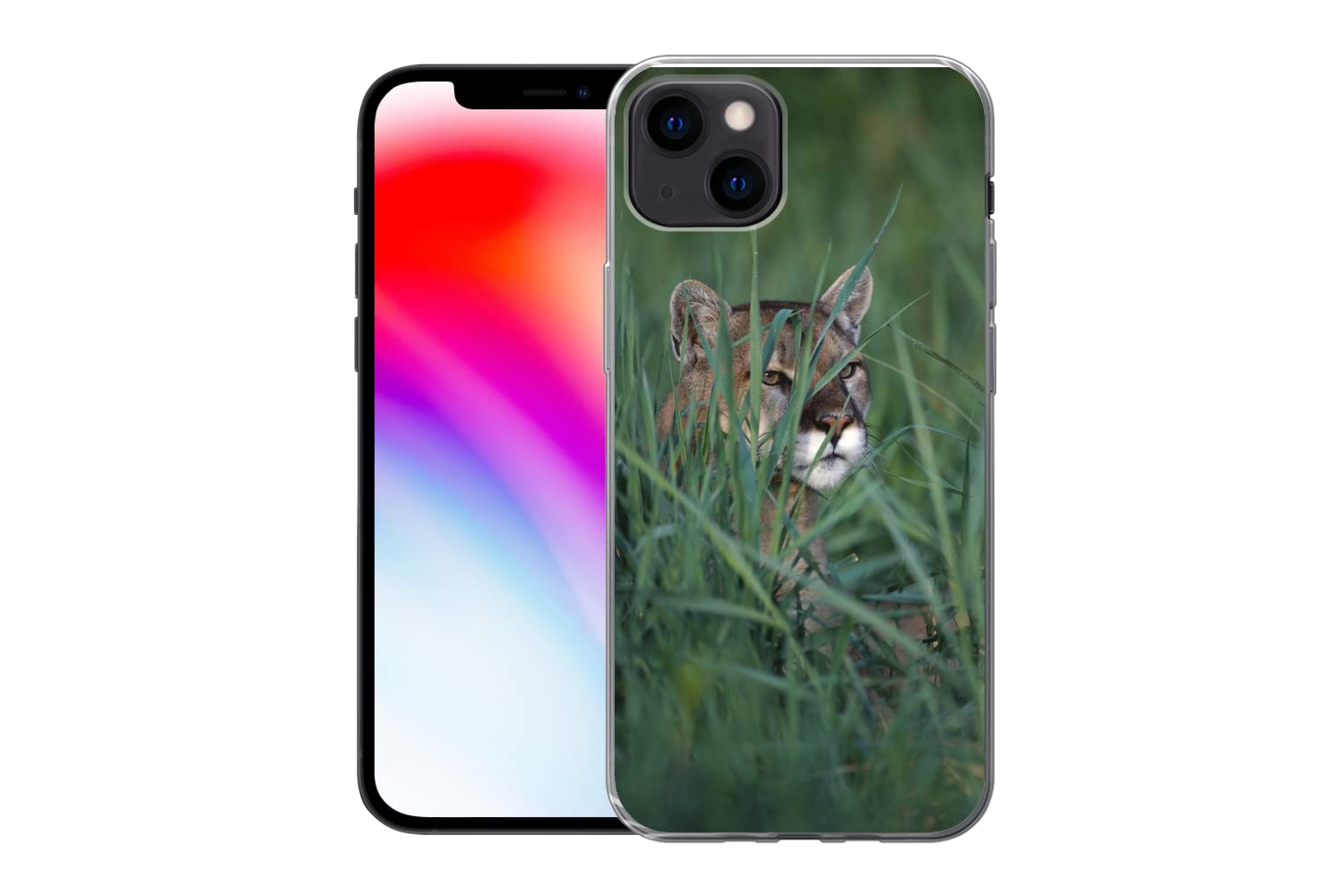 MuchoWow Funda para iPhone 13 - El Puma se esconde Entre Las Hojas de Hierba - Funda de Silicona/Funda Blanda para teléfono móvil