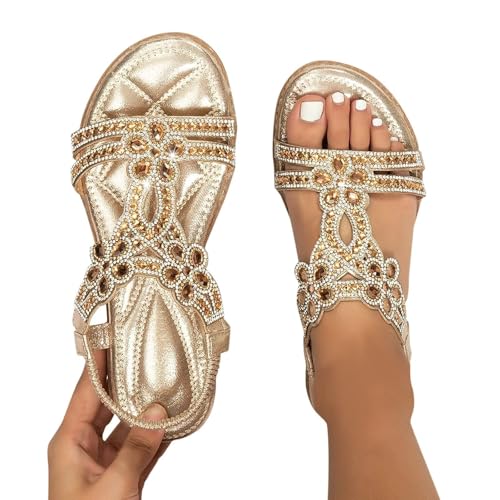 ZKXYFFS Women's Rhinestone Beaded Flat Sandals Summer T-Strap Elastic Ankle Strap Flower Beach Shoes Walking Orthopedic Slip-on Sandal