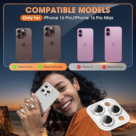 Image of for iPhone 16 Pro /16 Pro Max Camera Lens Protector Bling Individual Metal Diamond Ring 9H Hardness Scratchproof Protector, Stylish Phone Accessories, Case Friendly (Silver Diamond)