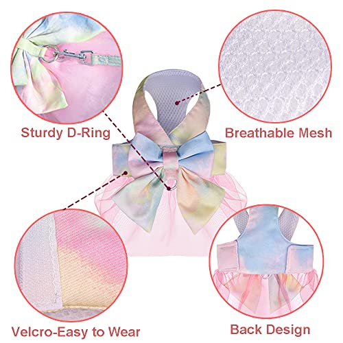 Image of HDKUW Dog Harness Dress with Leash Set,Sweet Colorful Bow Dog Dress Soft Tutu Vest Pet Clothes for Cats Puppy Small Dogs Yellow XS