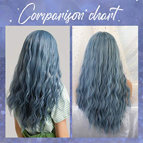 24 '' Moda Feminina Peruca Longa Cheia W/Bangs Curly Ondulado Cosplay Festa Peruca Azul