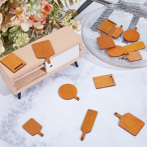 Juego de 20 tablas de cortar miniatura para casita de muñecas GORGECRAFT: 5 estilos (redondas, rectangulares y cuadradas), de madera natural sin acabado, con mango miniatura 4