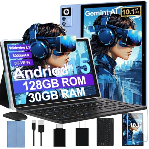 2025 Android 15 Tablet with Keyboard | Gemini AI, 30GB+128GB Octa-Core Electronics Tablets w/ 10 Inch IPS HD Display, 8000mAh, 5G WiFi, 1TB Expand, Mouse+Case, BT 5.0, Widevine L1, Metal Body -Blue