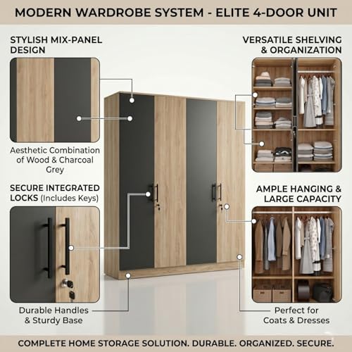 Image of FFO Tokyo 4 Door Wooden Wardrobe for Bedroom with Hanging Rod, Shelves & Lock | Modern Clothes Storage Almirah /Cabinet with Black & Milok Wood | Wardrobe Organizer for Clothes, Dresses DIY.