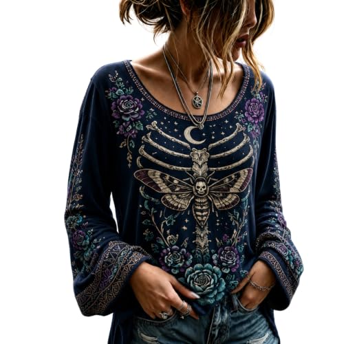 Womens Halloween Shirts Casual Skeleton Crew Neck Bell Sleeve Top - image 1