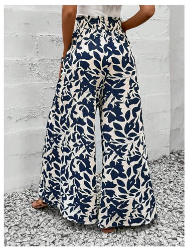 MakeMeChic Women's Floral Wide Leg Trousers Elastic High Waist Frill Trim Loose Long Palazzo Pants2