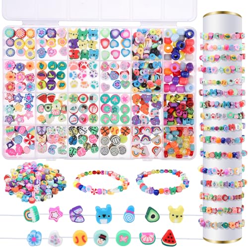 1000pcs Perlen zum Auffädeln Kinder 15 Muster Bunte Perlen zum Armbänder Blumen und Süßigkeiten Perlen mit Schnur für DIY Armbänder Halsketten Mädchen Kinder