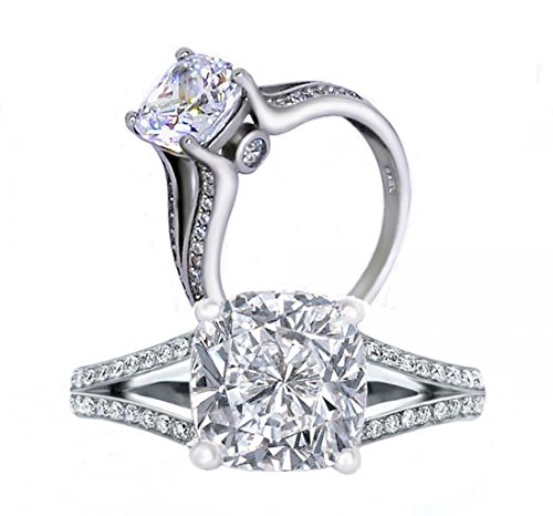 101 Facets 2 Carats Realistic Princess Cushion Cut NSCD Simulated Diamond Solitaire Split Shank Ring 925 Silver Platinum Plated RSPLIT80