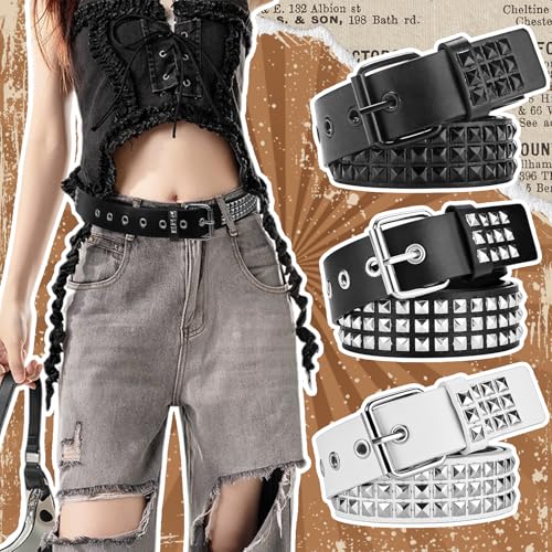 3 Pcs White Black Studded Belt, Y2K Belt Goth Emo Punk Rock with Grommet Bright Metal Pyramid for Women Men3