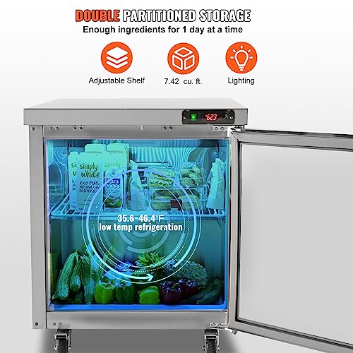 Image of VEVOR 28 inch W Commercial Refrigerator, Undercounter Worktop Refrigerator, 7.4 Cu. Ft Thick Stainless Steel Refrigerated Food Prep Station Fan Cooling Single Door Worktop Fridge with lock for Bar