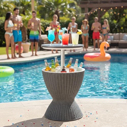 Image of Tangkula Outdoor Cooler Table, Multi-Functional Cooler Bar Table, Adjustable Height Ice Cooler Side Table w /Drain Plug, 8 Gallon Beer & Wine Cooler, Rattan Style Patio Furniture for Pool Parties