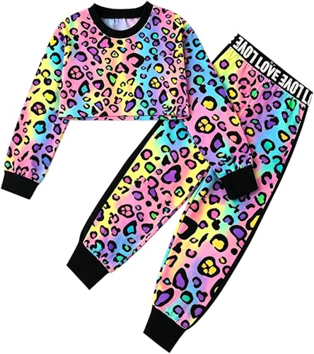 Image of Betusline Girls 2 Piece Outfits Girls Cropped Sweatsuit Pants Outfit Clothes Set, 4T-14 Years