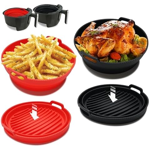 MAGIMODAC 2 Pack Air Fryer Silicone Liners Bowl Folding Collapsible Reusable Airfryer Pot Silicone Accessories for 6QT Liner Replacemen(8.5 Inches, Black Red Set) Cover