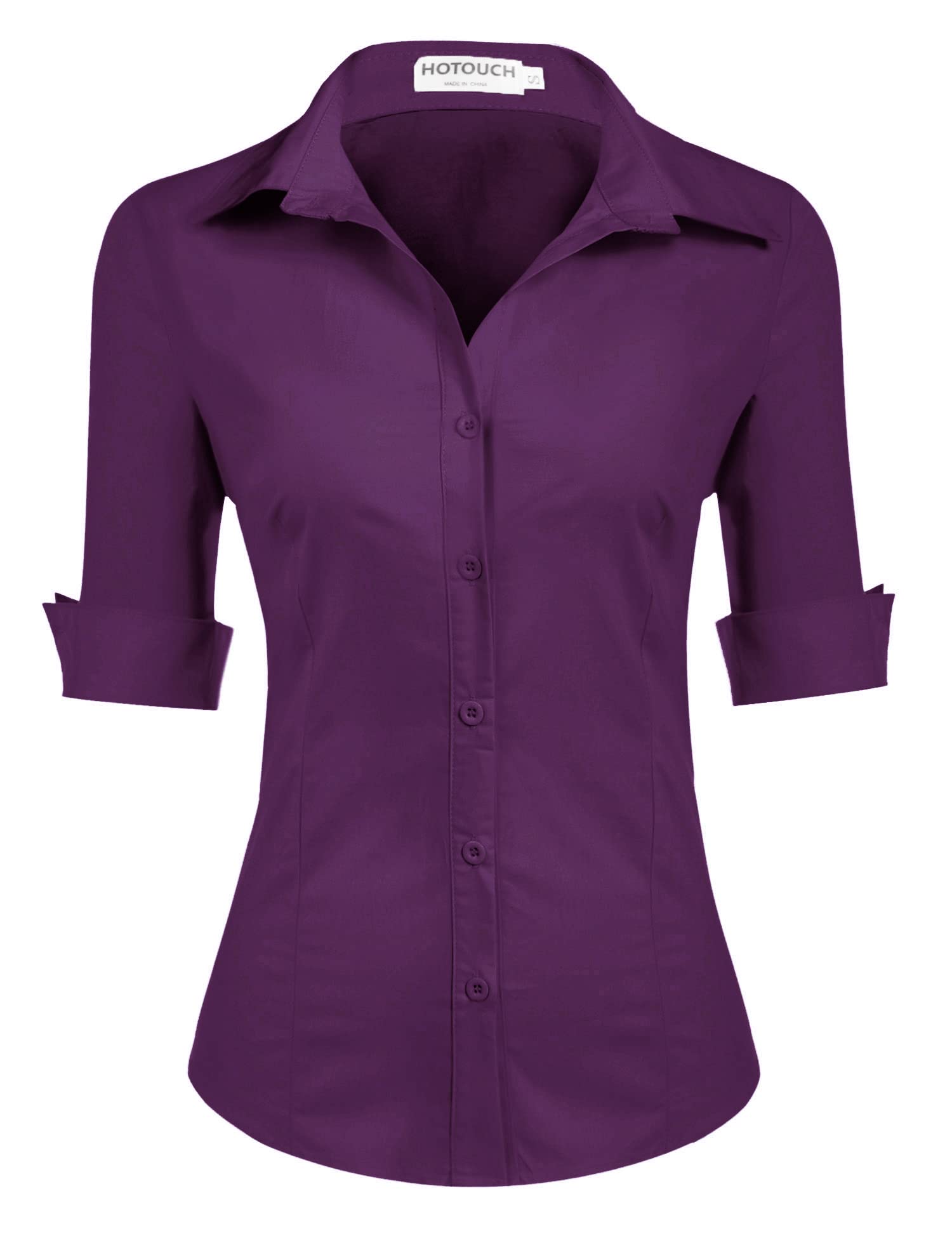 Hotouch Bluse Damen 3/4 Ärmel Slim Fit Hemd Sommer Hemdbluse Baumwolle Basic Shirt Business Blusen V-Ausschnitt Damenbluse Tops mit Knopleiste