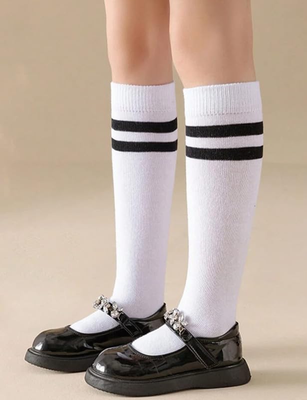 WKLOUYHE School Lycra Uniform Knee Length Knee High Socks For Boys & Girls - Color White with Black Border Stripes_Pack Of 02(10-11 Years) - Image 4 thumbnail
