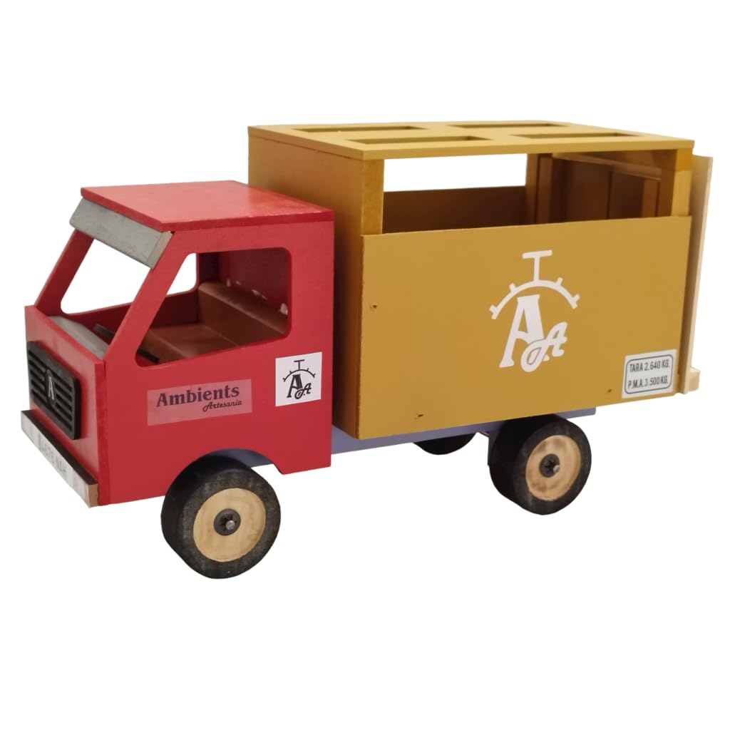 Camion de Toros de Juguete - Juguete Artesanal de Madera MDF con Rampa y 6 Toritos incluidos - Pintado a Mano - 30x13x19 cm - Ideal para niños y coleccionistas